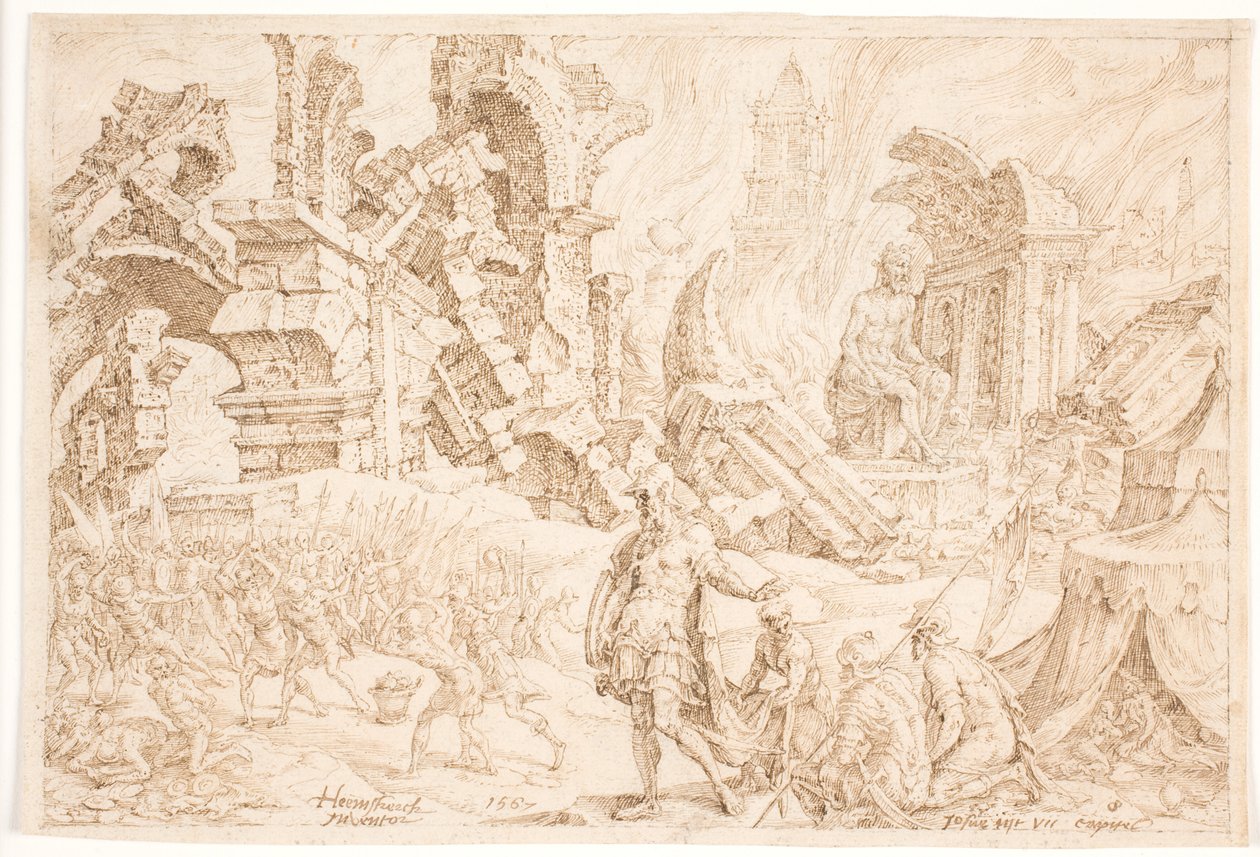 Achan och hans familj stenas av Maarten van Heemskerck