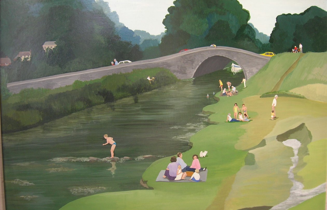 Riverside Picnic, 1989 (akryl ombord) av Maggie Rowe