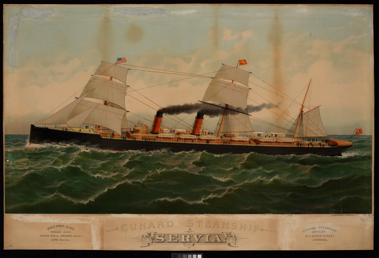 Cunards ångfartyg Servia... (kromolitografi) av Major and Knapp Sarony