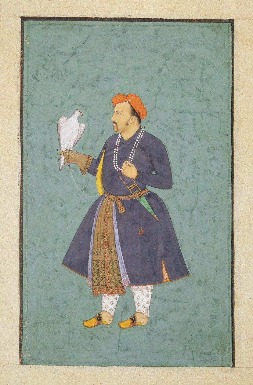 Porträtt av Jahangir som håller en falk, ca 1600-10 (wc & guld på papper) av Manohar attr. to Manohar attr. to