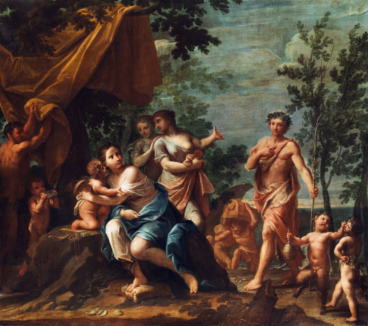 Apollo als Hirte nähert sich den drei Grazien, mit Venus, Cupido, Amoretten, Pan und Panskindern. av Marcantonio Franceschini