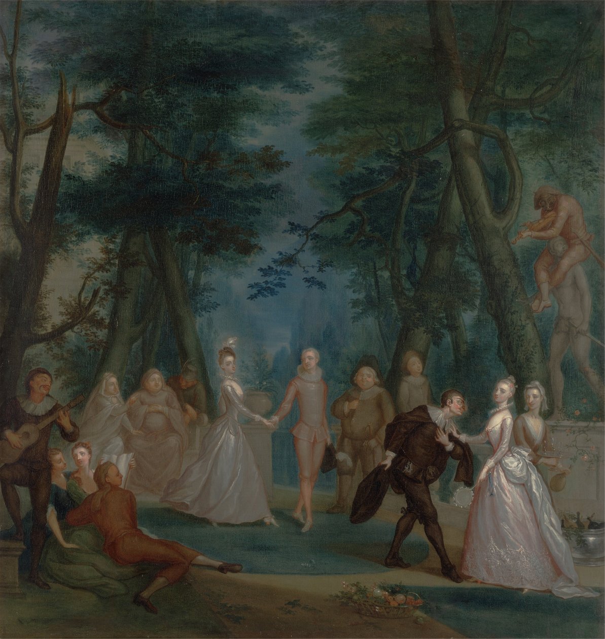 Scen i en park, med figurer från Commedia dell