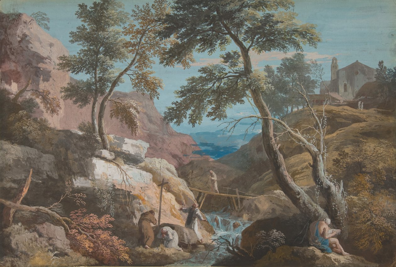 Bergigt landskap med eremiter, ca. 1700-1730. av Marco Ricci