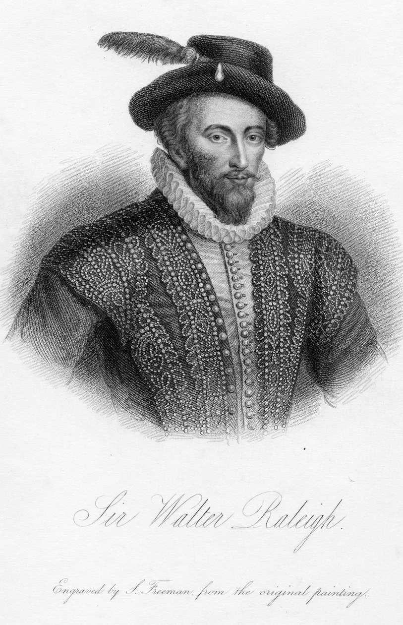 Sir Walter Raleigh, tryck av S. Freeman av Marcus Garret Gheeraerts the Younger