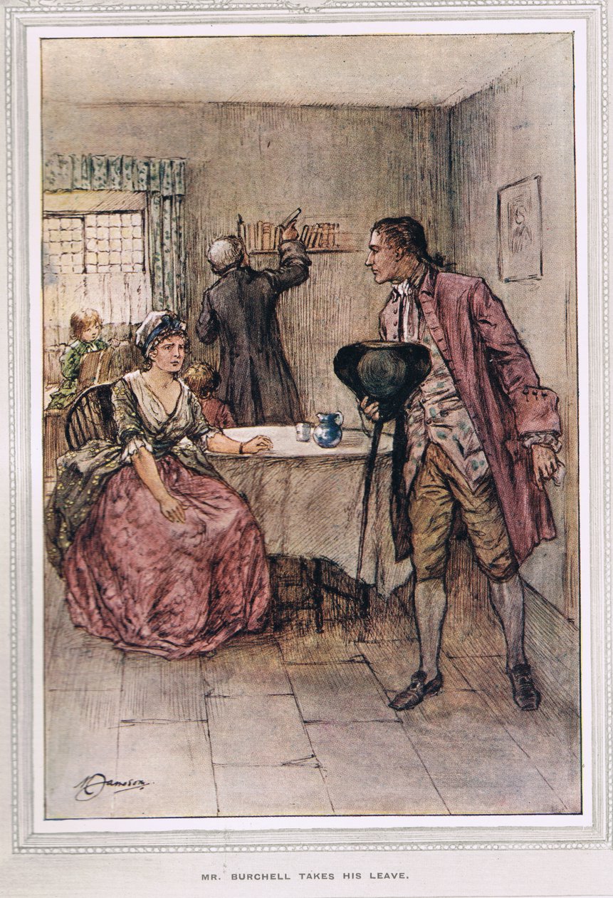 Mr Burchell tar farväl, illustration från "The Vicar of Wakefield" av Oliver Goldsmith, ca 1910. av Margaret Jameson