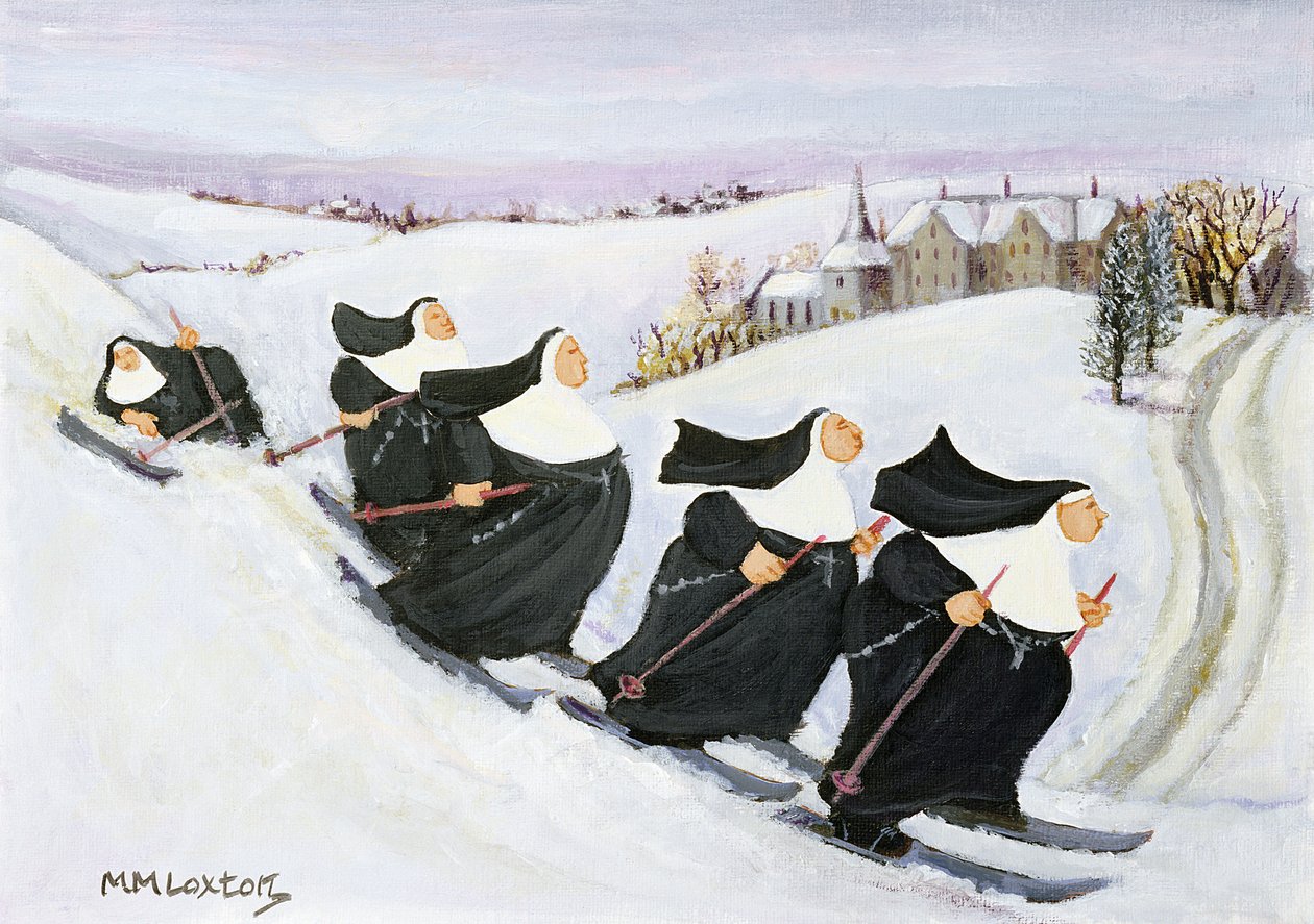 Skidåkning (olja på papper) av Margaret Loxton