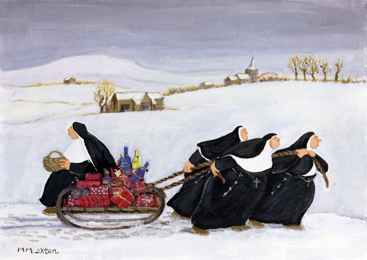 Tobogganing (olja på papper) av Margaret Loxton