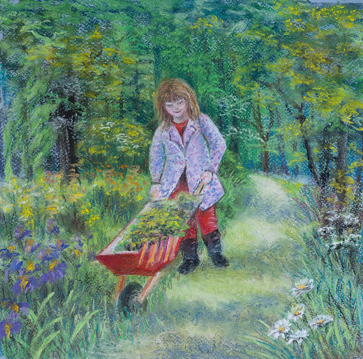 Hjälper morfar i trädgården, 2020 (pastell) av Margo Starkey