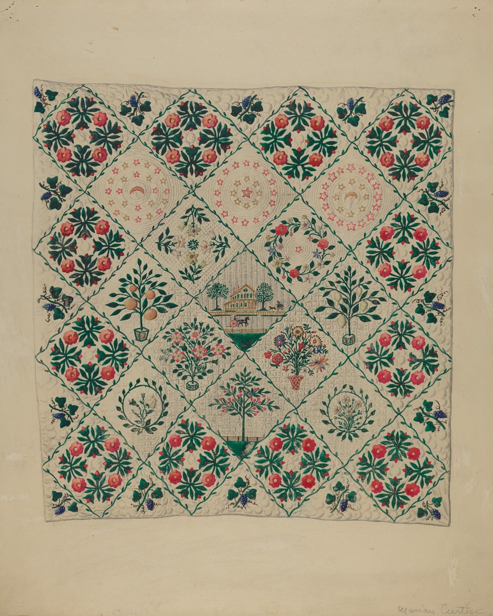 Broderat applikationsquilt av Marian Curtis Foster