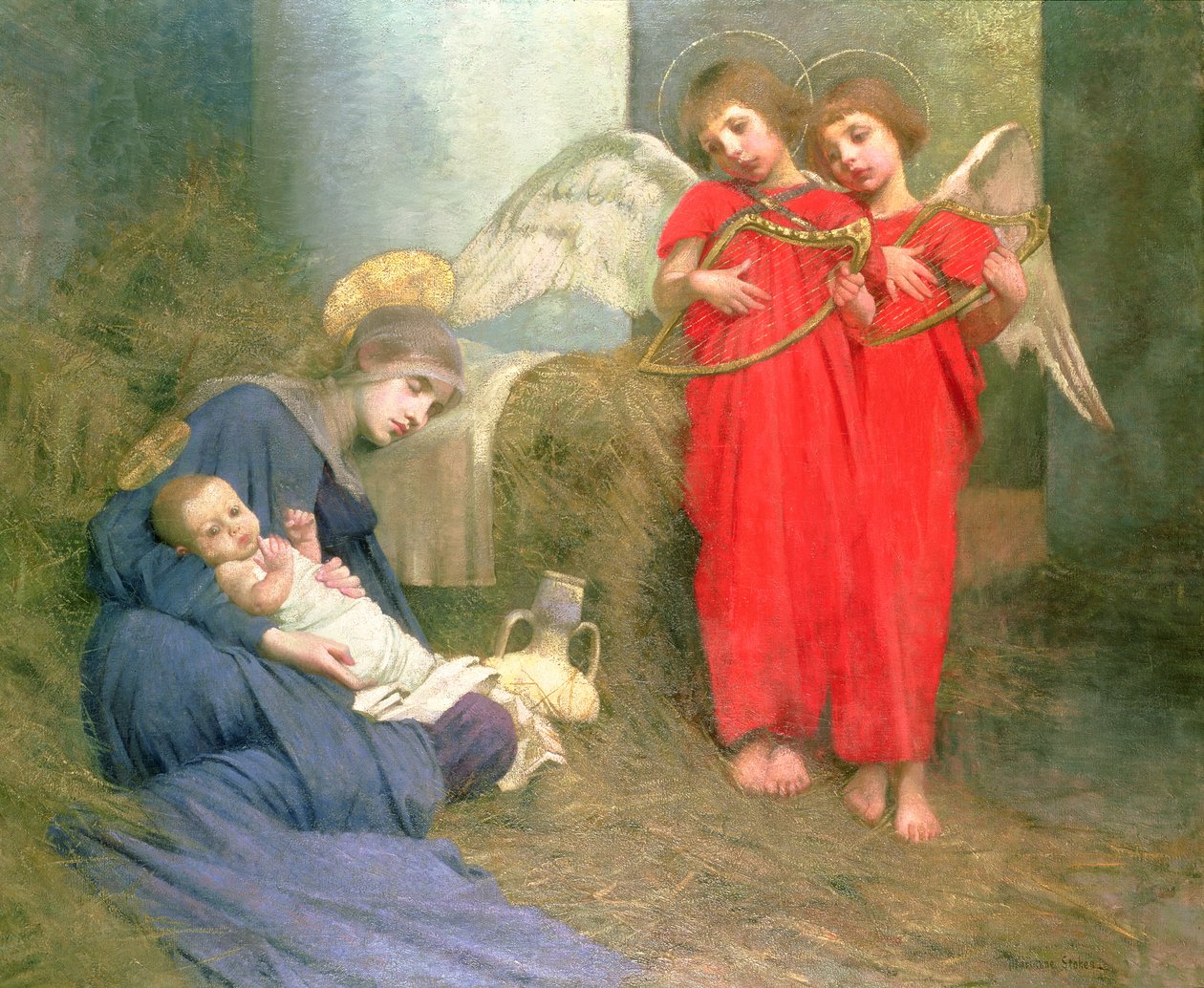 Änglar som underhåller det heliga barnet, 1893 av Marianne Stokes