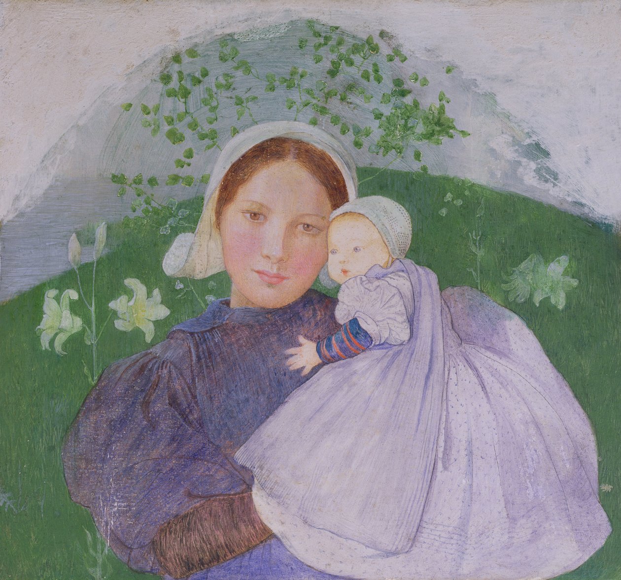 Mor och barn, ca 1899 (tempera och gesso på panel) av Marianne Stokes