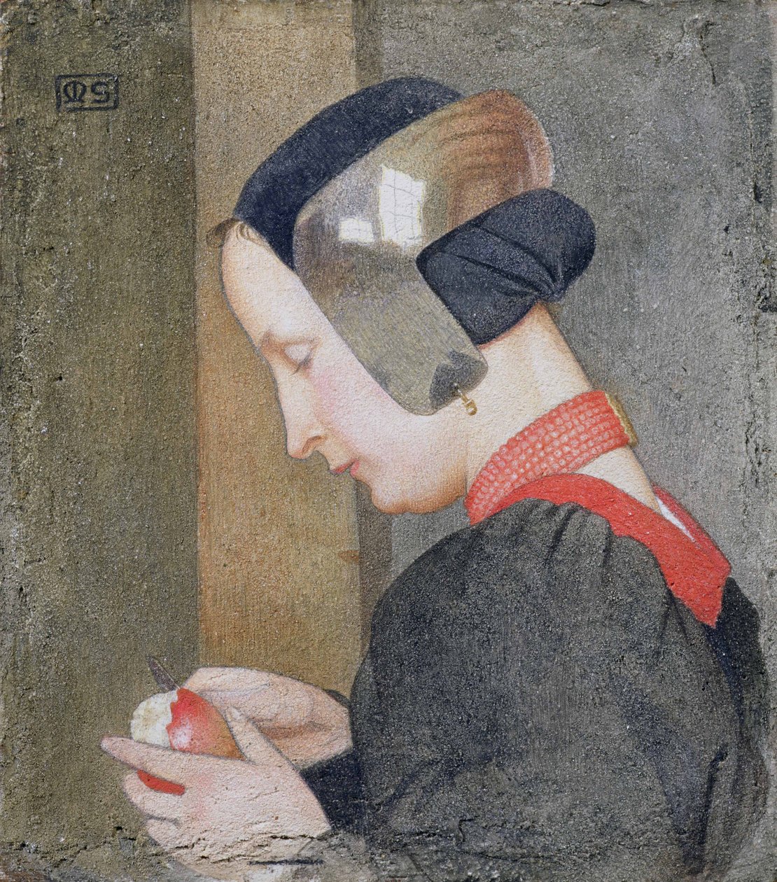 Porträtt av en dam som skalar ett äpple (tempera på gessoed panel) av Marianne Stokes