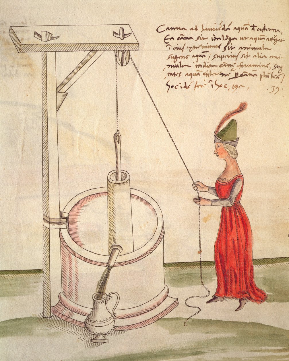 Kvinna som drar vatten från en brunn, illustration från 