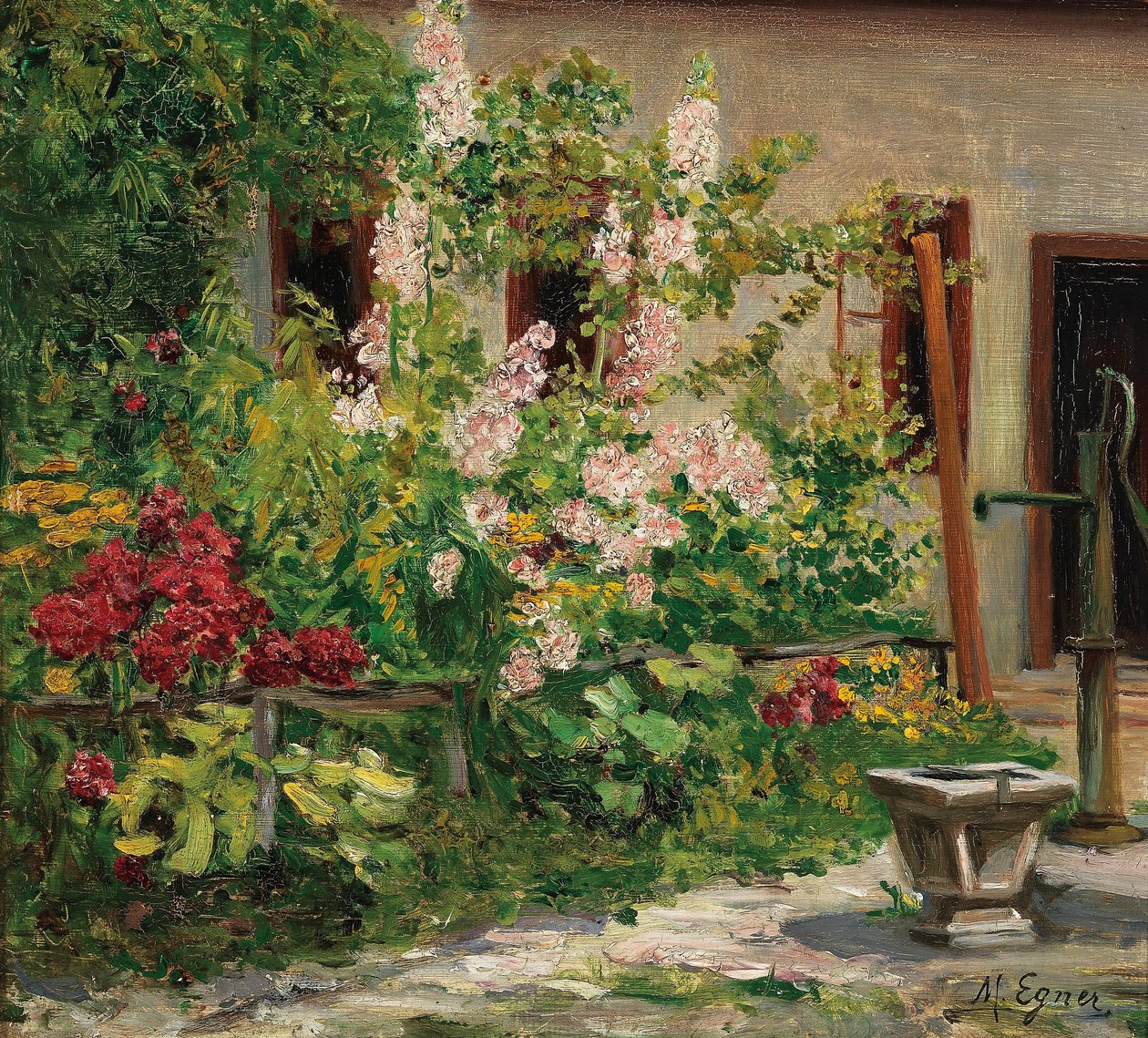  Vorgarten mit bluhenden StockrosennEnglish: Front Garden with Blossoming Hollyhocksn av Marie Egner