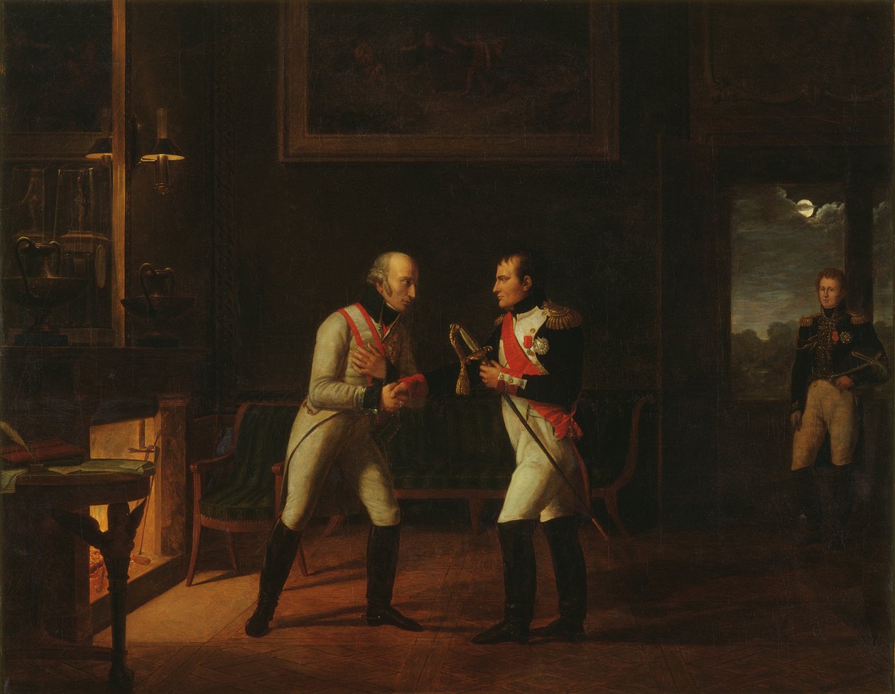 Möte mellan Napoleon Bonaparte (1769-1821) och ärkehertig Karl (1771-1847) av Österrike i Stammersdorf, 17 december 1808 av Marie Nicolas Ponce Camus