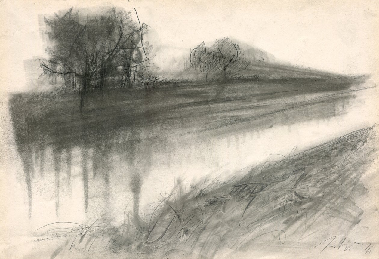 On the River, 2018 (kol på papper) av Marina Falco