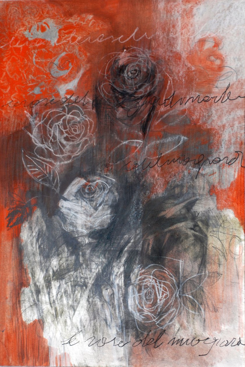 Redroses, 2023 (blandteknik på papper) av Marina Falco