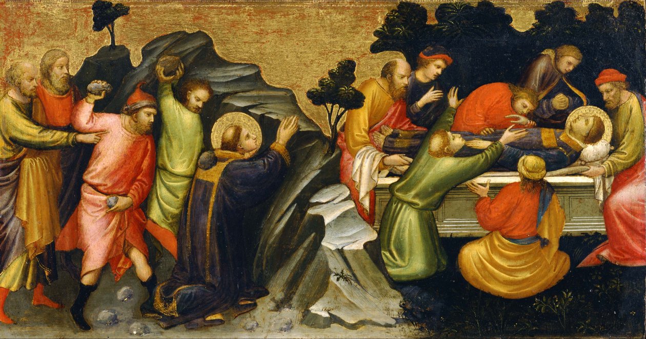 Japanese: n: :n Predella Panel Representing the Legend of St. Stephen: The Stoning of St. Stephen  The Burial of St. Stephen  av Mariotto di Nardo