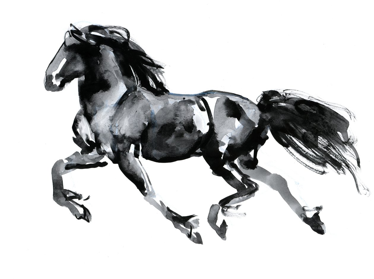 Flying Friesian, 2015, (kinesiskt bläck på papper) av Mark Adlington