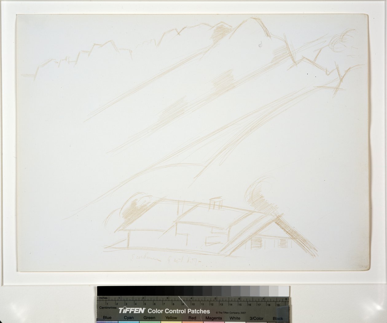 Bergslandskap, byggnad i förgrunden av Marsden Hartley