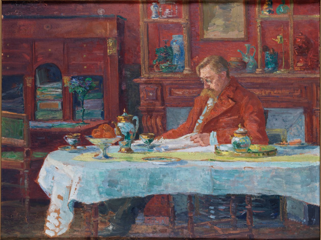 Émile Verhaeren 1855-1918 vid bordet, 1900. av Marthe Verhaeren