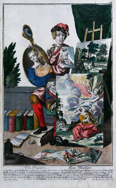 En målare, ca 1735 (färgad gravyr) av Martin Engelbrecht
