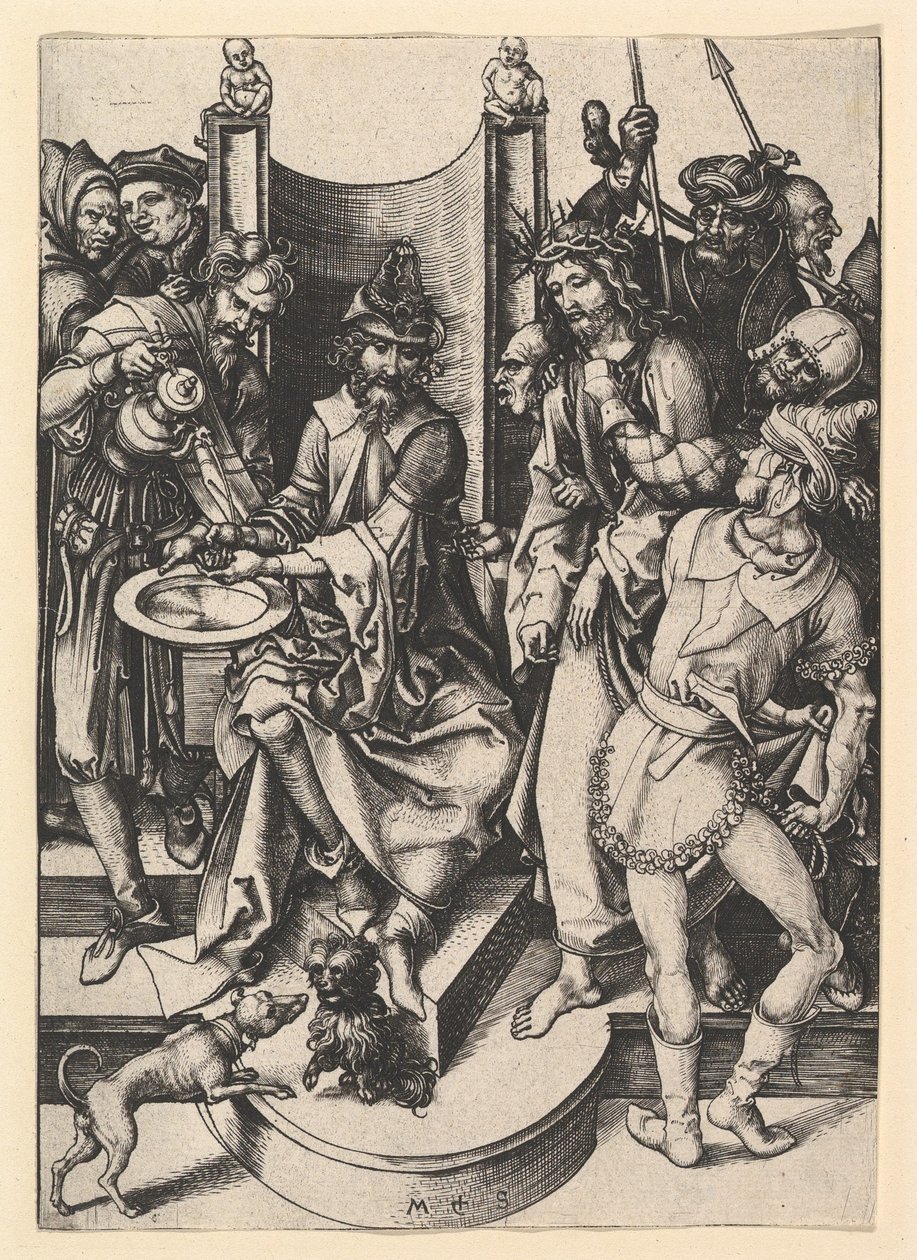 Pilatus tvättar händerna, ca. 1435-1491. av Martin Schongauer