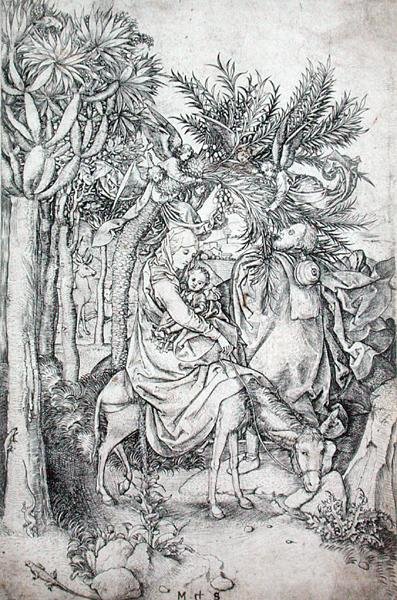 Flygningen till Egypten, ca 1470-80 (gravyr) av Martin Schongauer