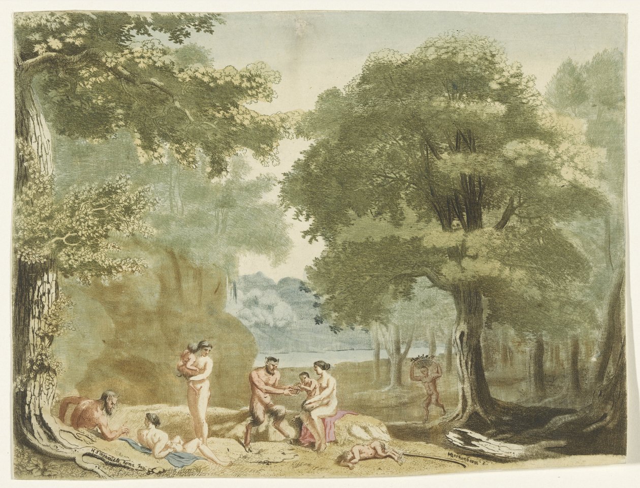 Nymfer och satyrer i ett landskap. av Martinus Berkenboom