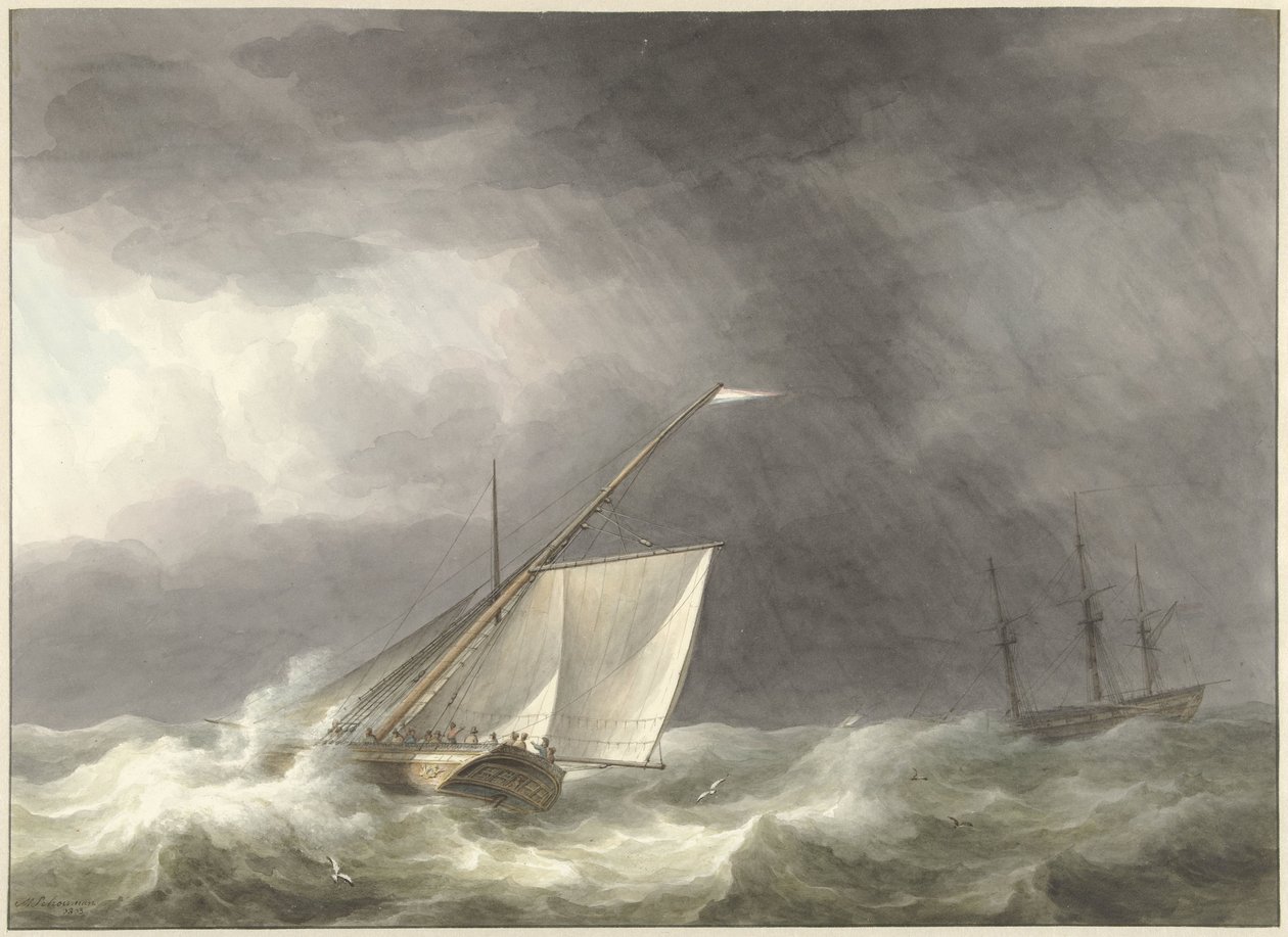 Två segelfartyg på ett turbulent hav av Martinus Schouman
