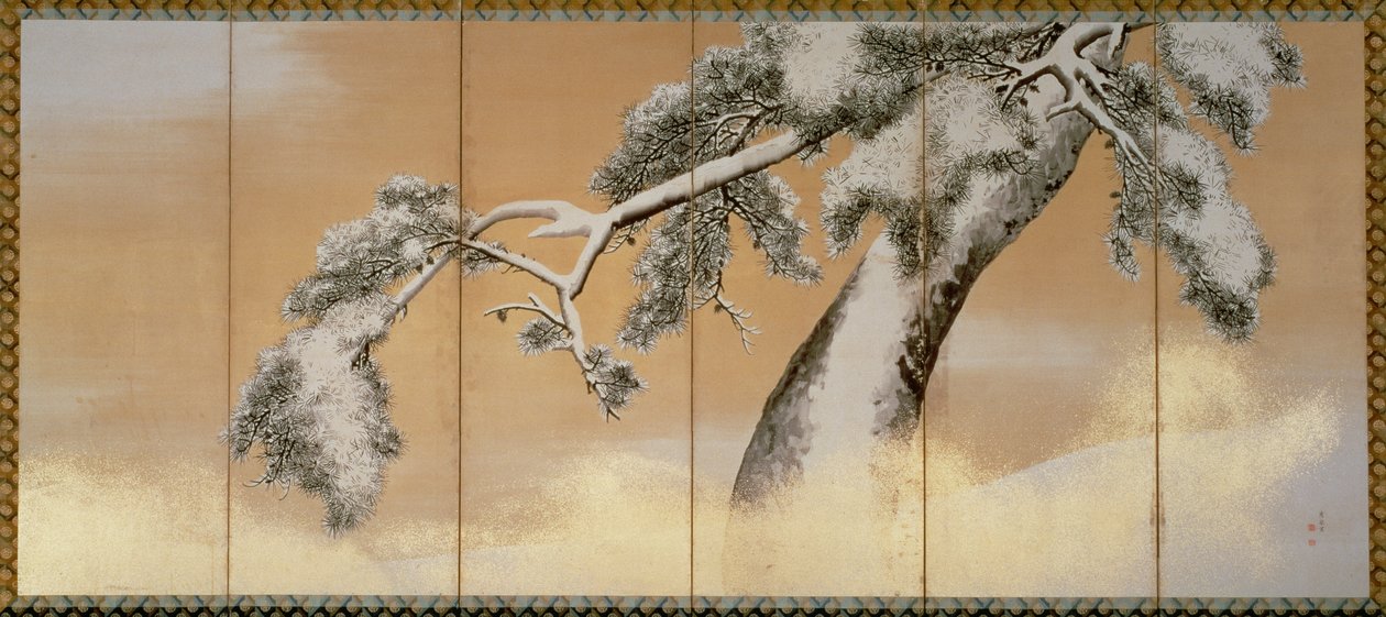 Tallarna under snö (penna och bläck, färg, guldpapper på panel) (se 216568) av Maruyama Okyo