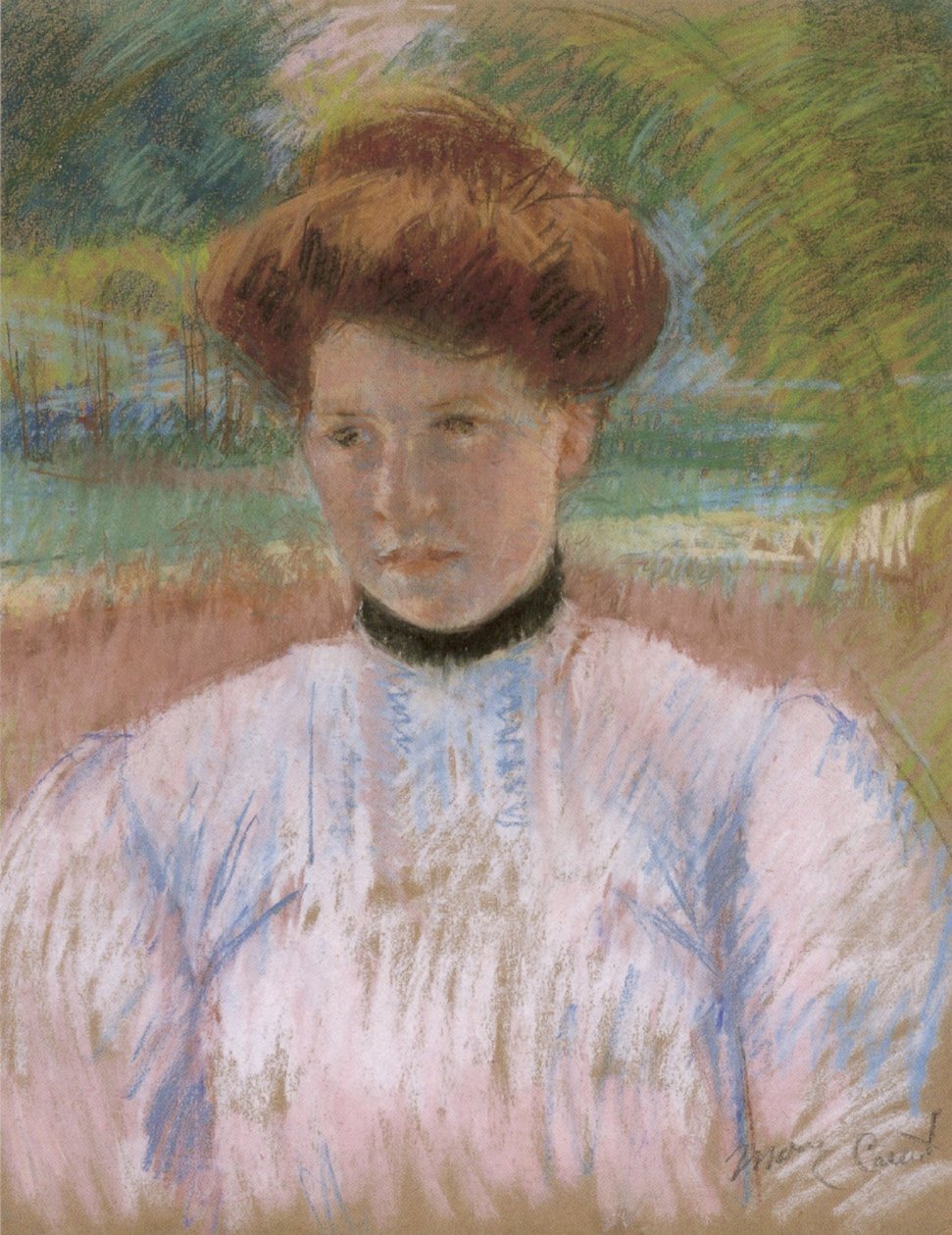 Young Woman with Auburn Hair in a Pink Blousen av Mary Cassatt