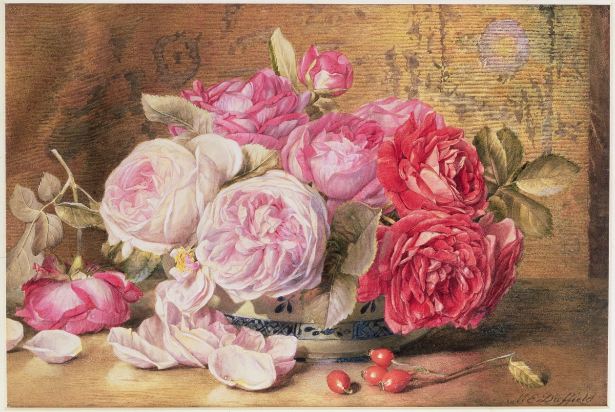 Rosa och röda rosor i en skål av Mary Elizabeth Duffield
