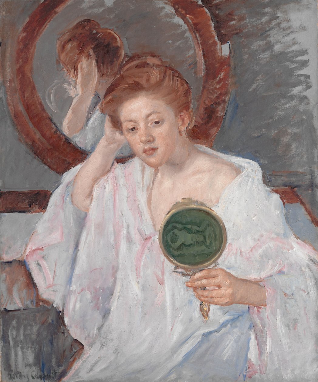 Denise vid sitt toalettbord, ca 1908-9 av Mary Cassatt