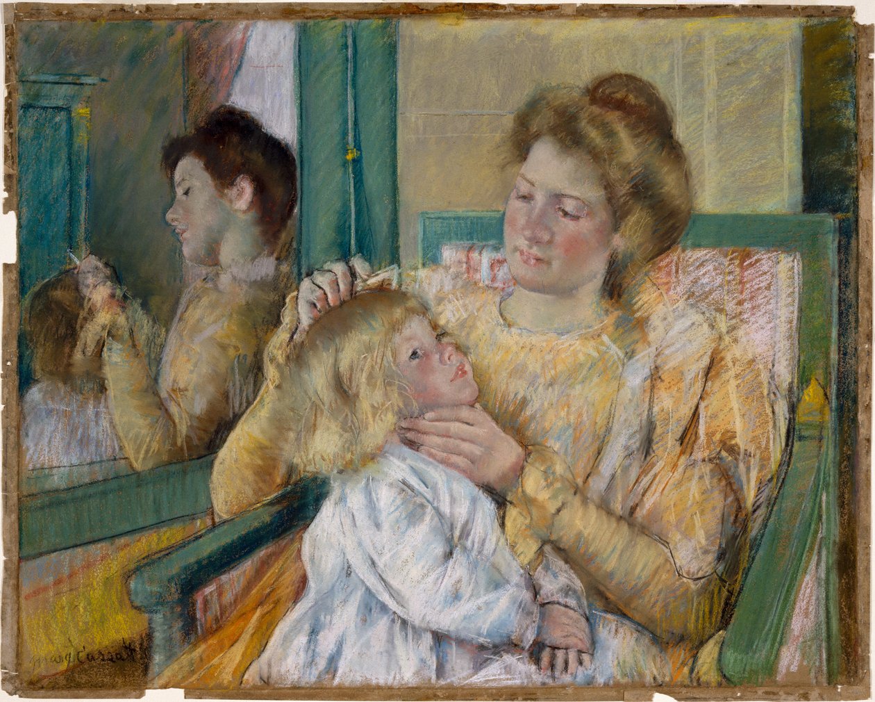 Mamma kammar sitt barns hår, ca 1901 (pastell på grått papper) av Mary Cassatt