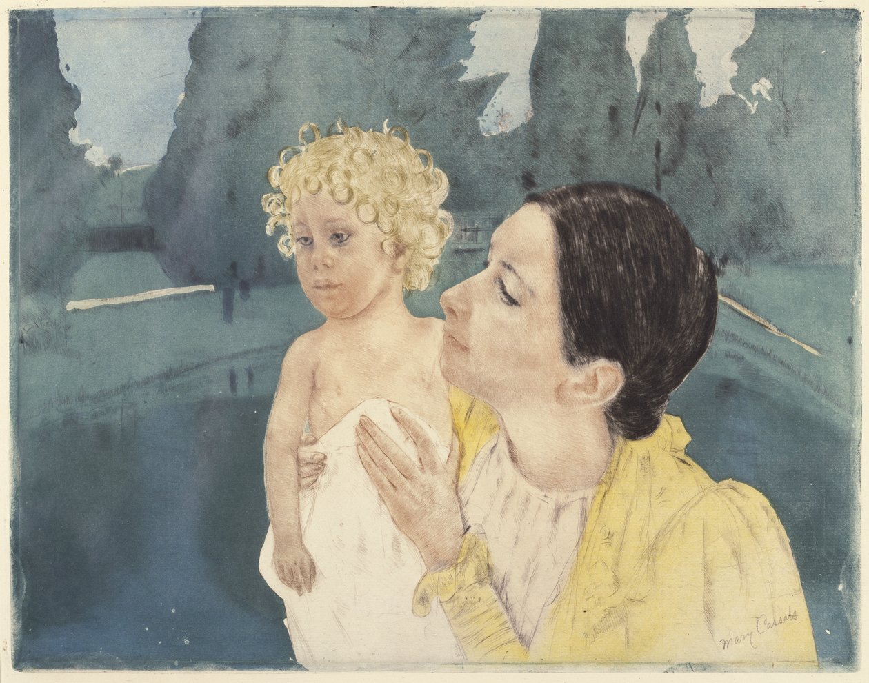 Mor och barn före en pool, 1898 (torrnål och akvatint på lagt papper) av Mary Cassatt