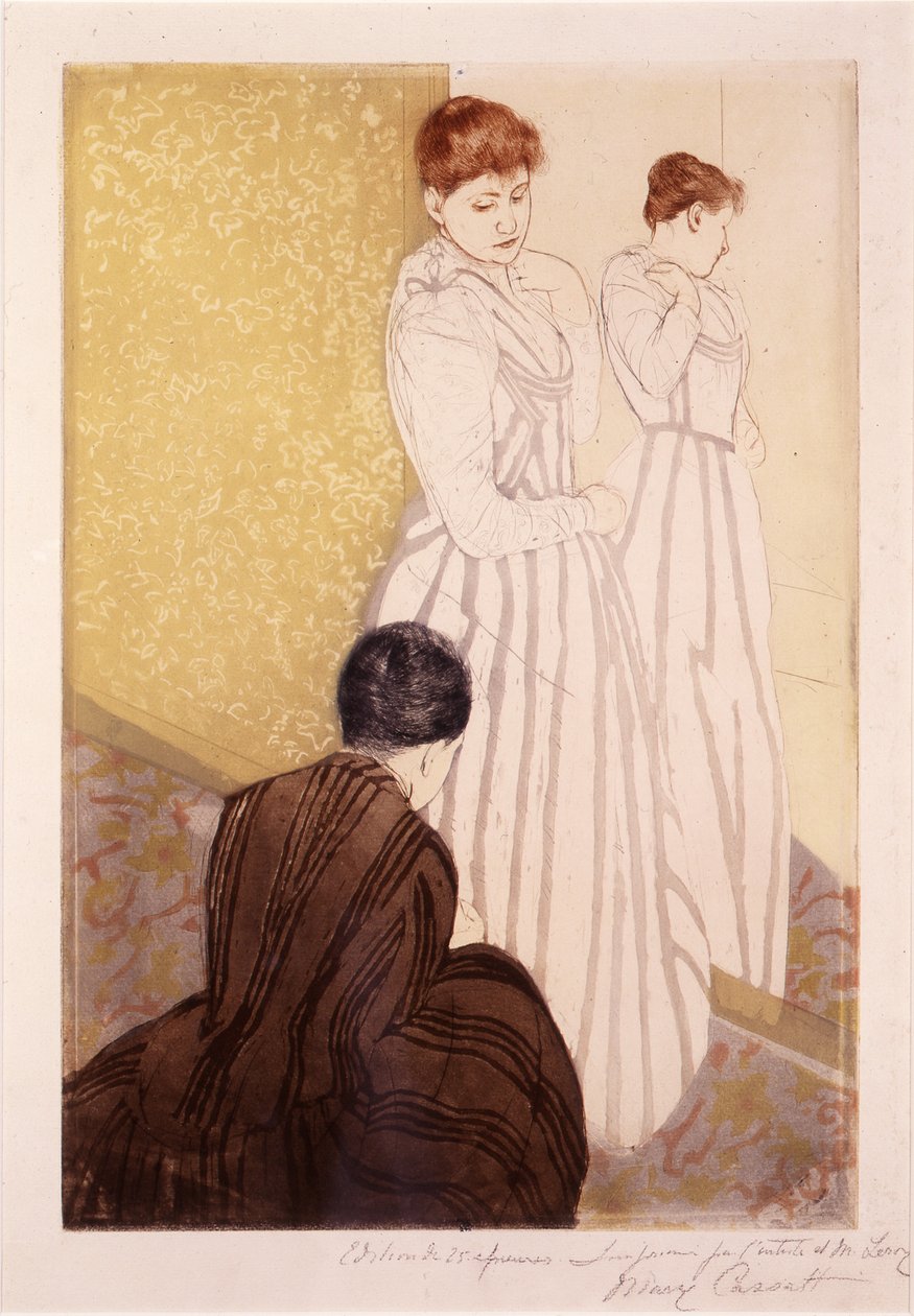 The Fitting (bläck och kol på papper) av Mary Cassatt