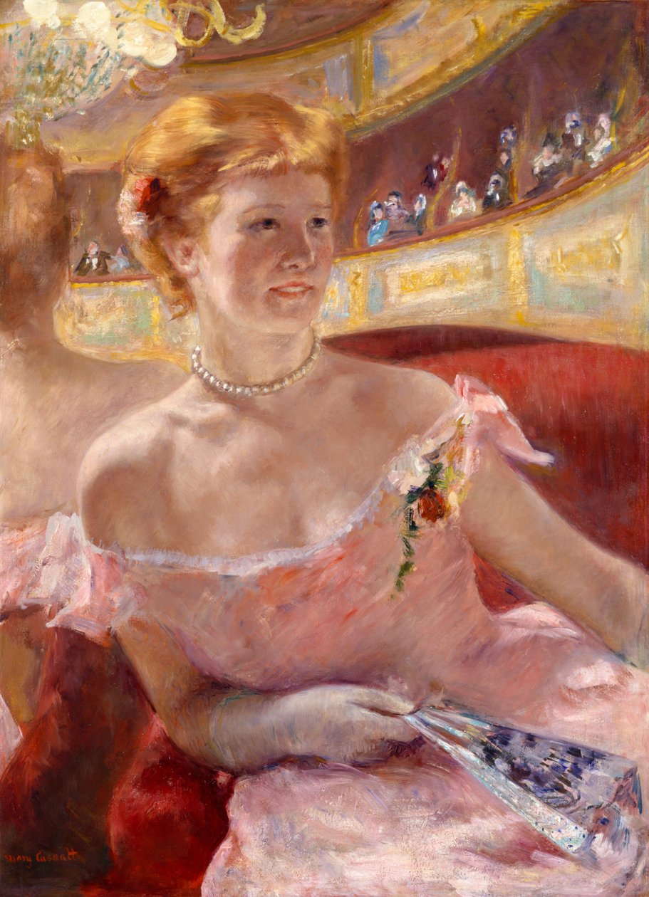Woman with a Pearl Necklace in a Loge av Mary Cassatt
