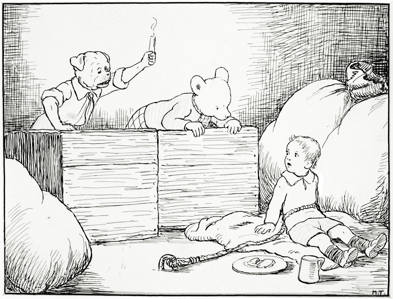 De såg en liten pojke uppvänt ansikte titta på dem i skräck, illustration från Rupert Bear Goes Hiking, pub. av Marston & Co., London, 1920-talet (penna och bläck, krita på papper) av Mary Tourtel