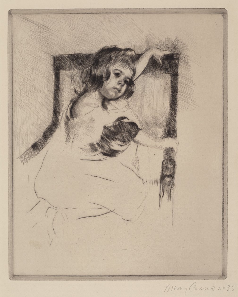 Knästående i en fåtölj, ca. 1903. av Mary Cassatt