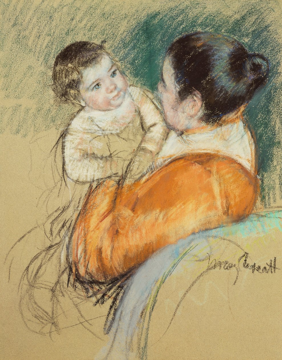 Mamma Louise håller upp sitt blåögda barn, av Mary Cassatt