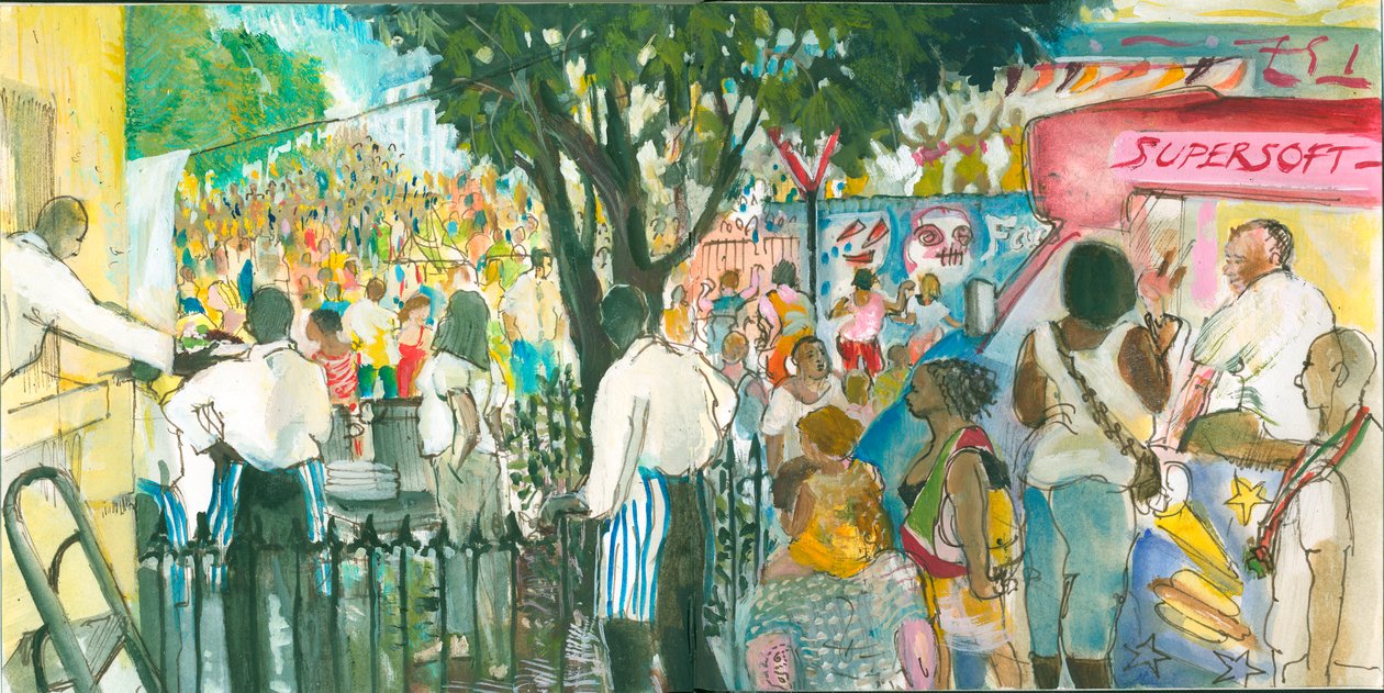 Carnival, Blenheim Crescent, 2007 (penna och akvarell) av Mary Kuper