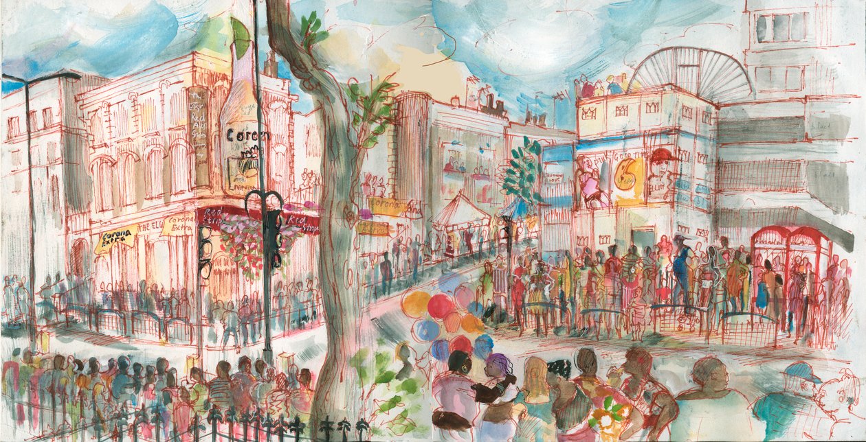 Carnival, Ladbroke Grove, 2017 (penna och akvarell) av Mary Kuper