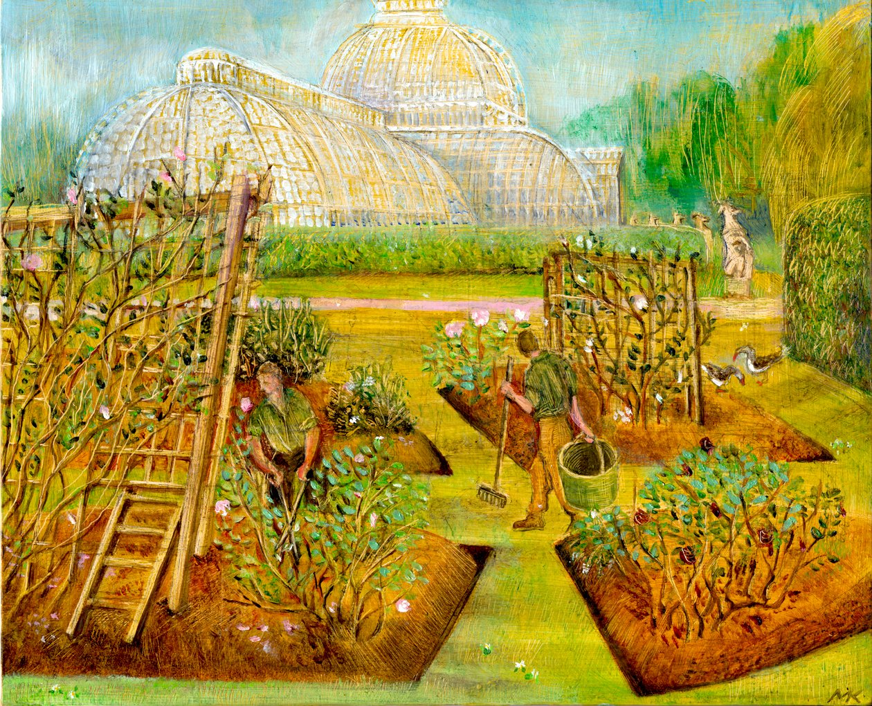 Gardeners, Kew, 2002 (olja ombord) av Mary Kuper