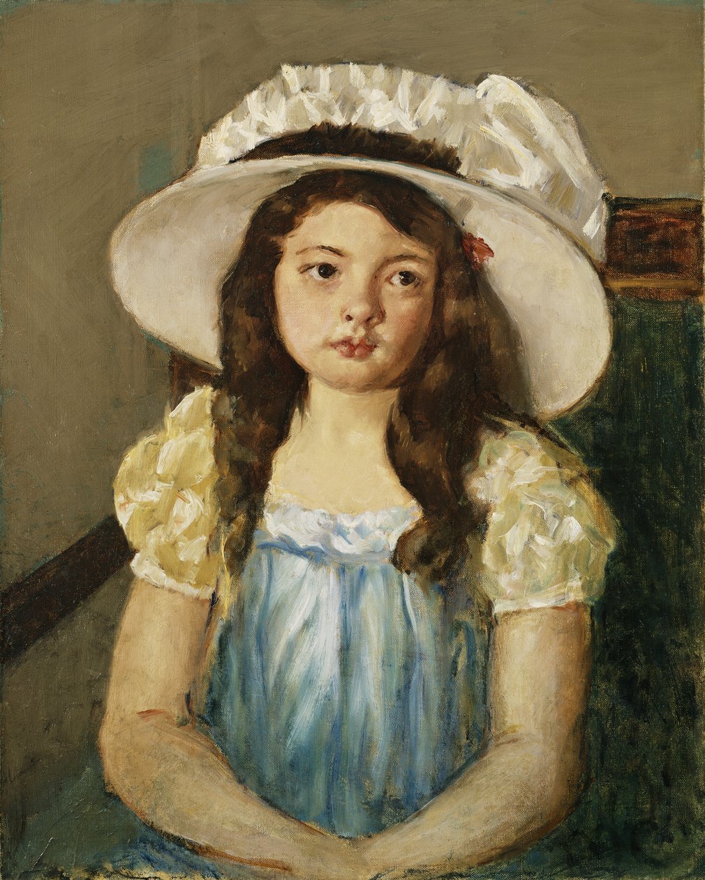 Francoise bär en stor vit hatt, av Mary Cassatt