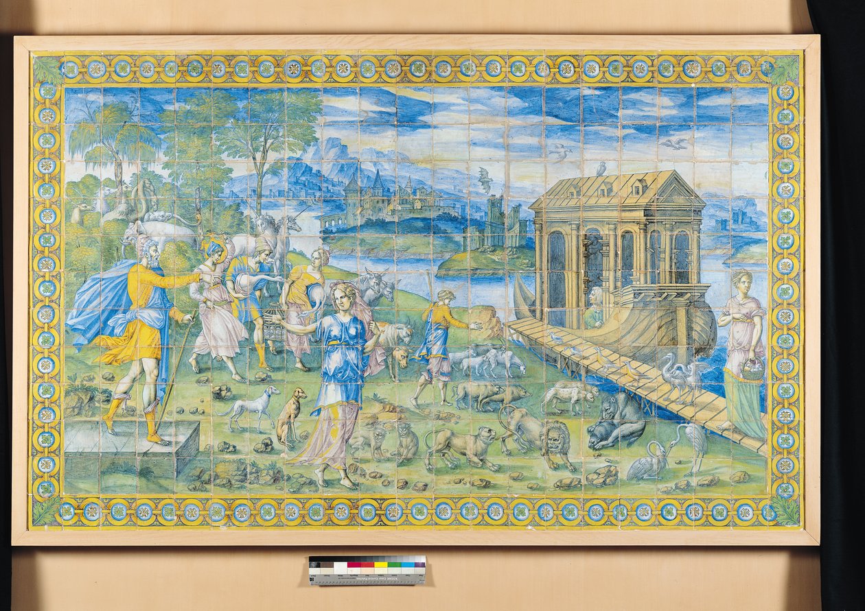 Kakel som visar historien om Noah: Embarking in the Ark (keramik) av Masseot Abaquesne