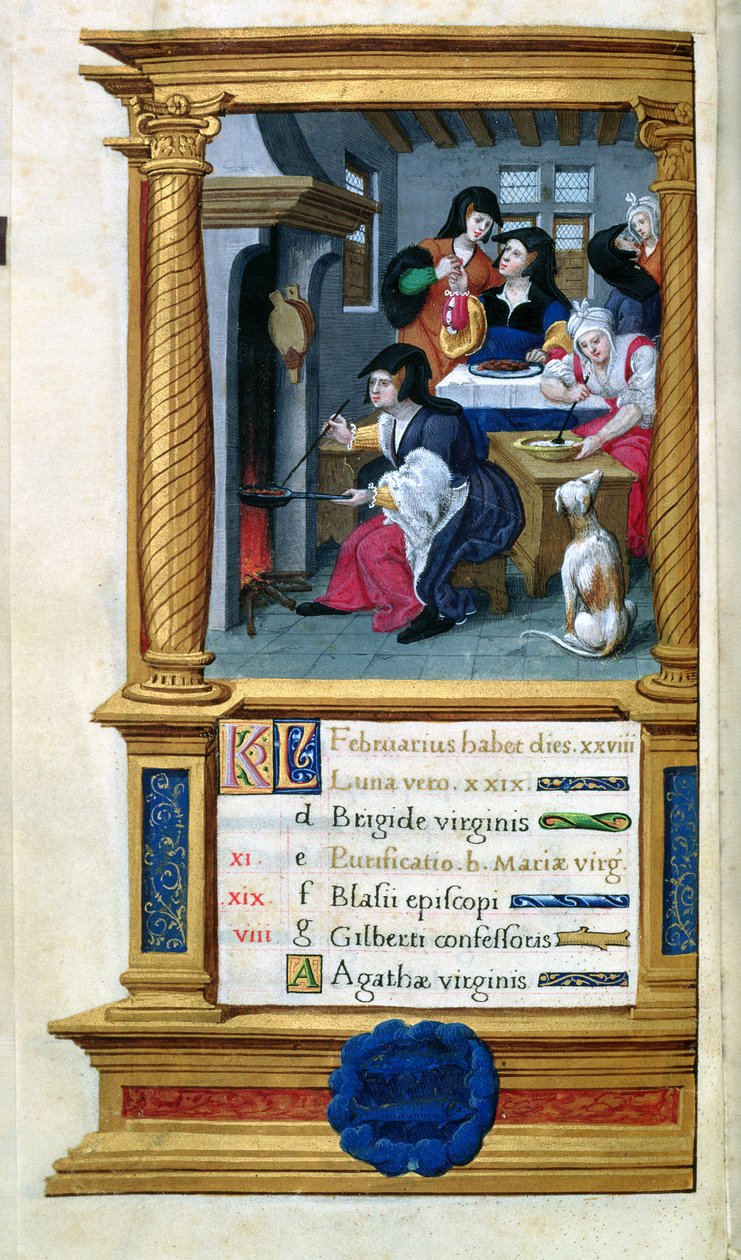 MS W449 fol.3v Februari: Matlagning och fest, c.1525 av Master Jean de Mauleon