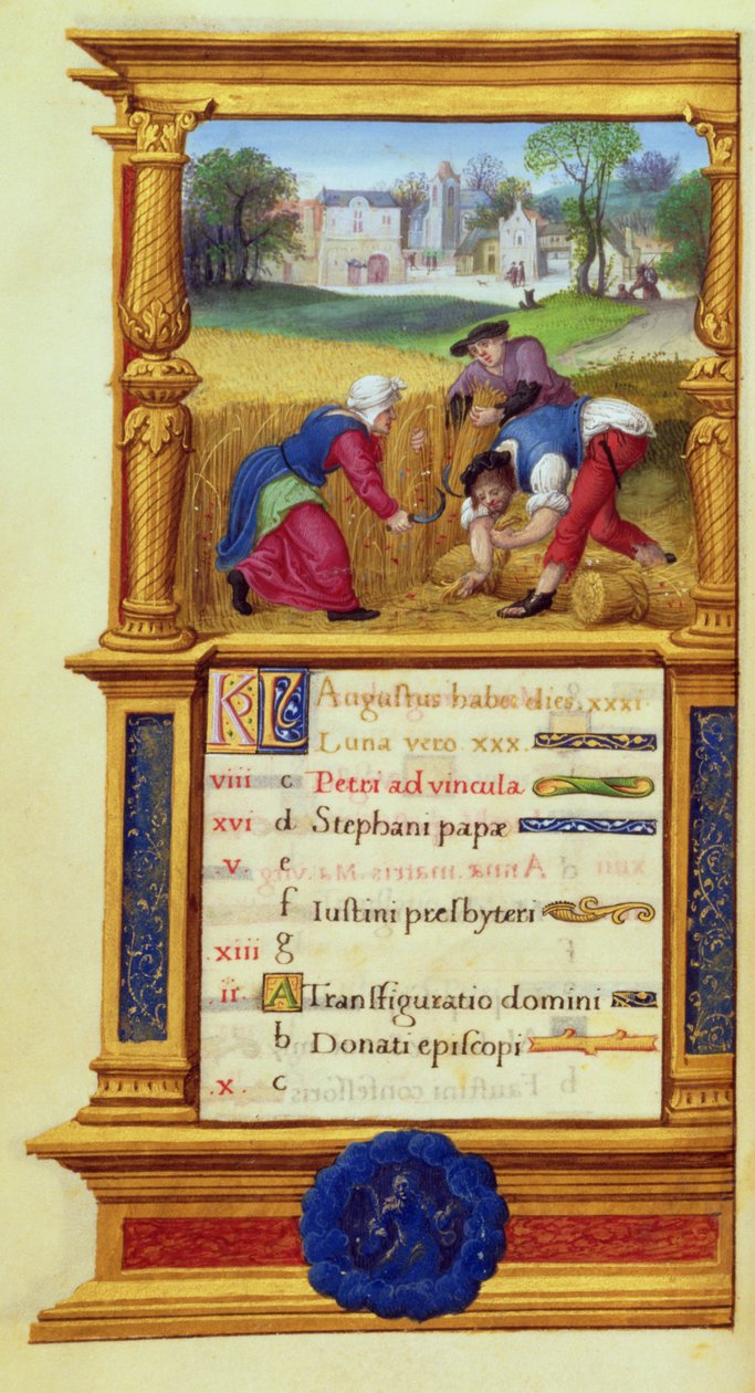 MS W.449 fol.9v August Reaping Wheat, c.1525 av Master Jean de Mauleon