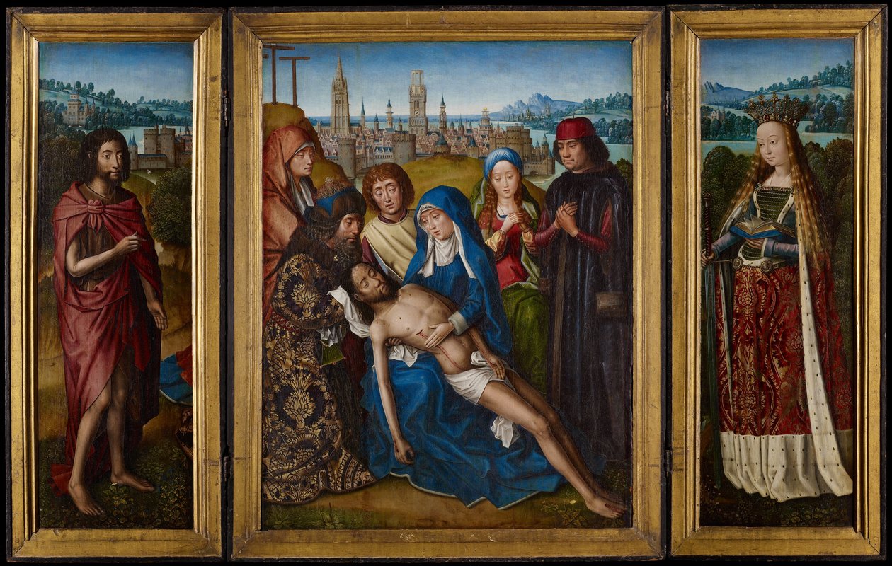 Lamentation with Saint John the Baptist and Saint Catherine of Alexandria av Master of Legend of Saint the Lucy