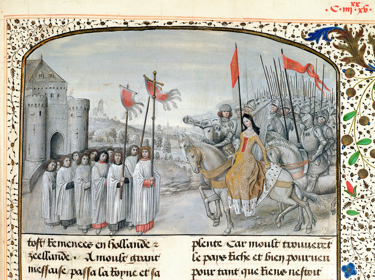 Ms 659 f.195. Drottning Isabella (1292-1358) av Frankrike och hennes son Edward III (1312-1377) välkomnas i Oxford 1326, 1477 av Master of Mary of Burgundy